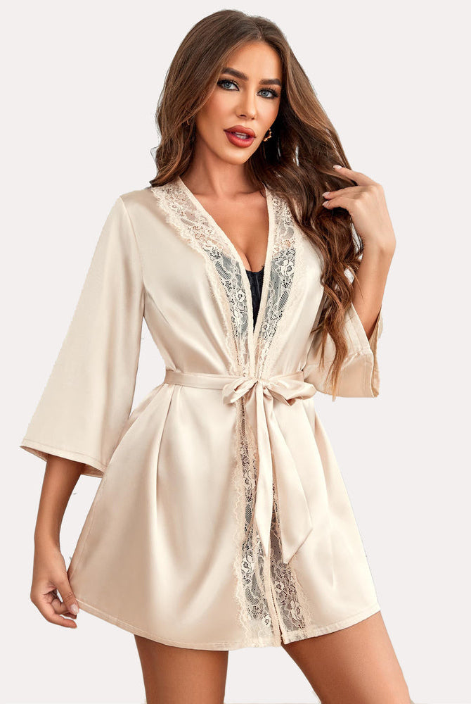 Avidlove beige satin kimono robe with lace detail and sash tie, short silky robe for women.