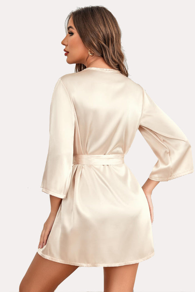 Beige satin short kimono robe with sash tie from Avidlove. Elegant and comfortable silky fabric.