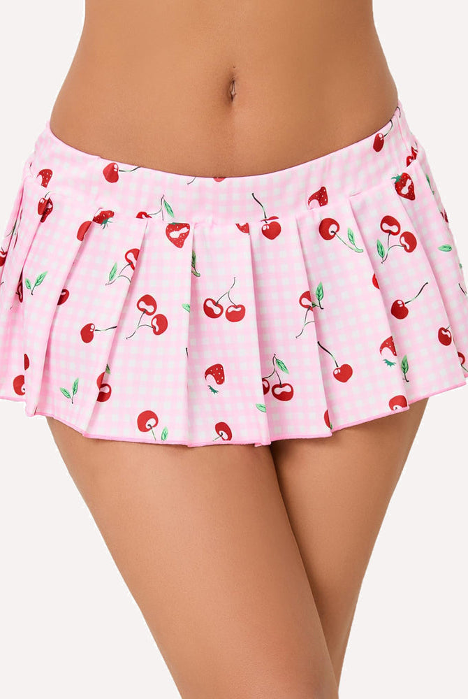 Pink cherry-print pleated mini skirt with elastic waistband