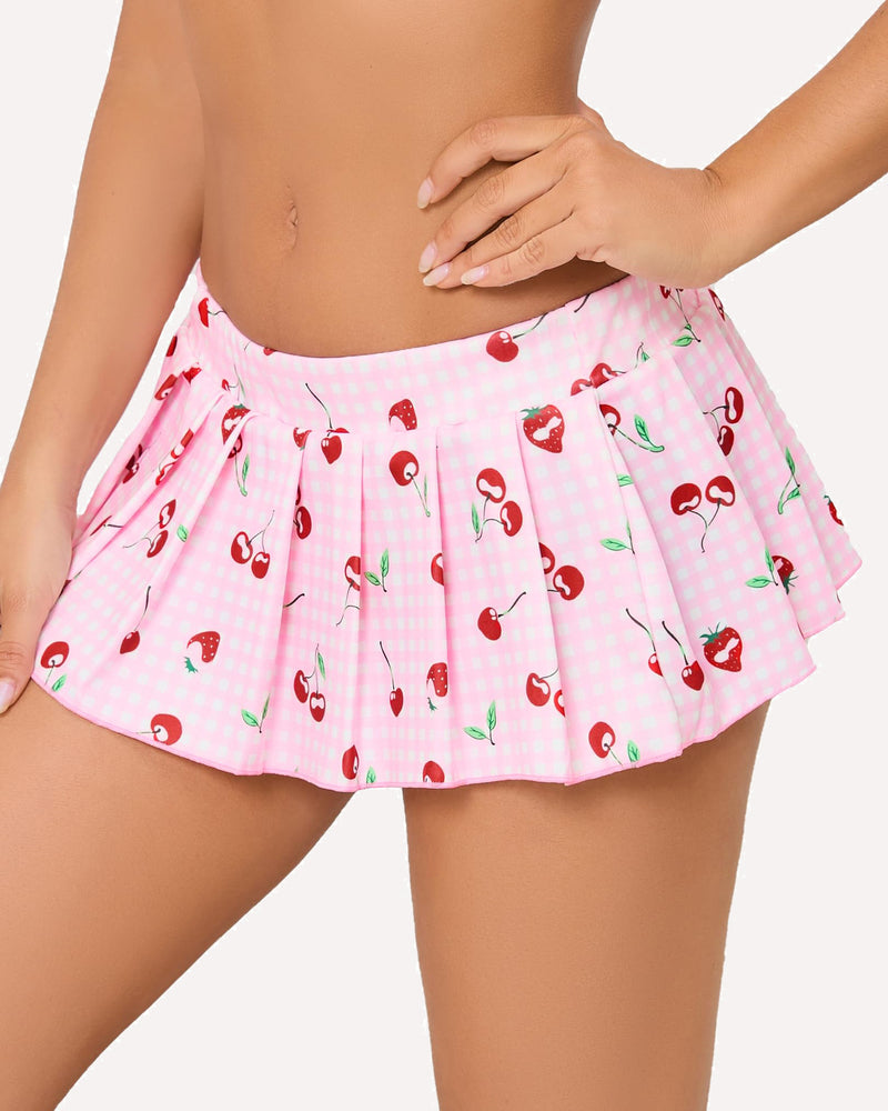 Pink pleated mini skirt with cherry and strawberry pattern, ideal for role play and cosplay outfits