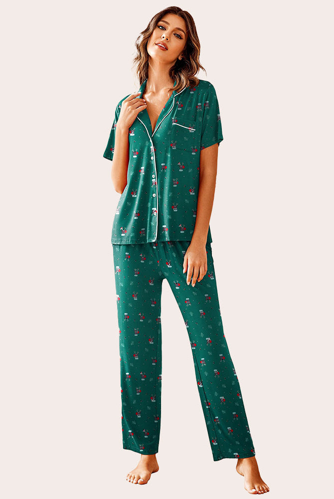 Green Pajamas Set. Soft, comfy sleepwear with white trim and festive patterns for women.