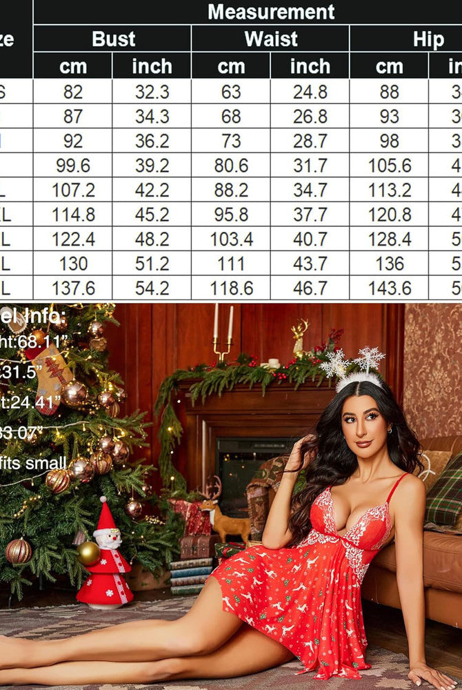 Christmas red babydoll lingerie with a reindeer print and a snowflake headband with a size chart