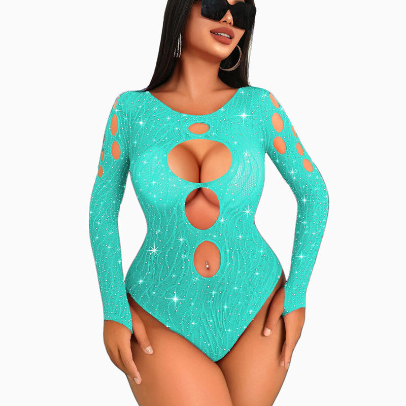 Teal rhinestone fishnet bodysuit; cut-out design, long sleeves, sexy lingerie for women