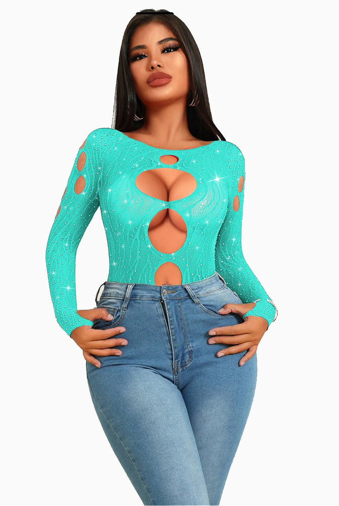 Teal rhinestone fishnet bodysuit, cut-out design, long sleeves; sexy lingerie for women