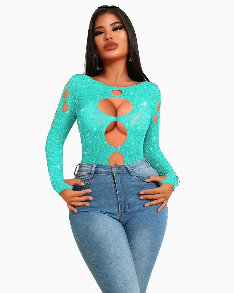 Teal rhinestone fishnet bodysuit, cut-out design, long sleeves; sexy lingerie for women