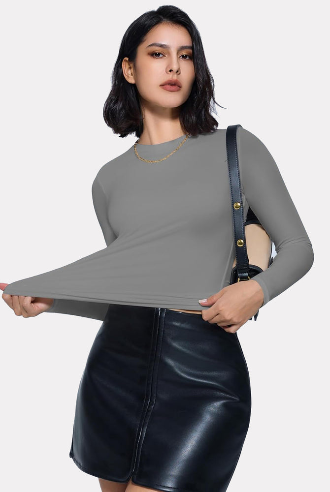 Gray double-lined Y2K top, lightweight and breathable loungewear, black leather skirt, model.