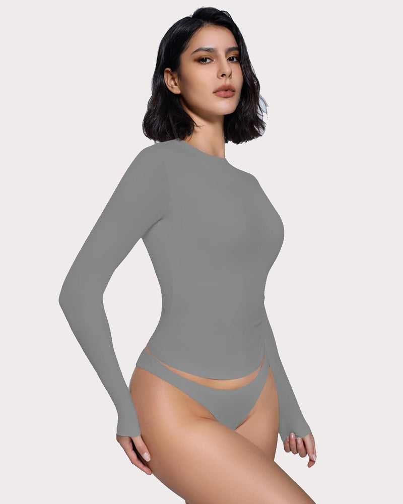 Gray Y2K double-lined top and underwear set, lightweight, breathable loungewear, long sleeve