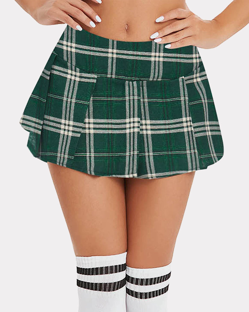 Green plaid pleated mini skirt for women. Soft and comfy fabric, stylish mini skirt.