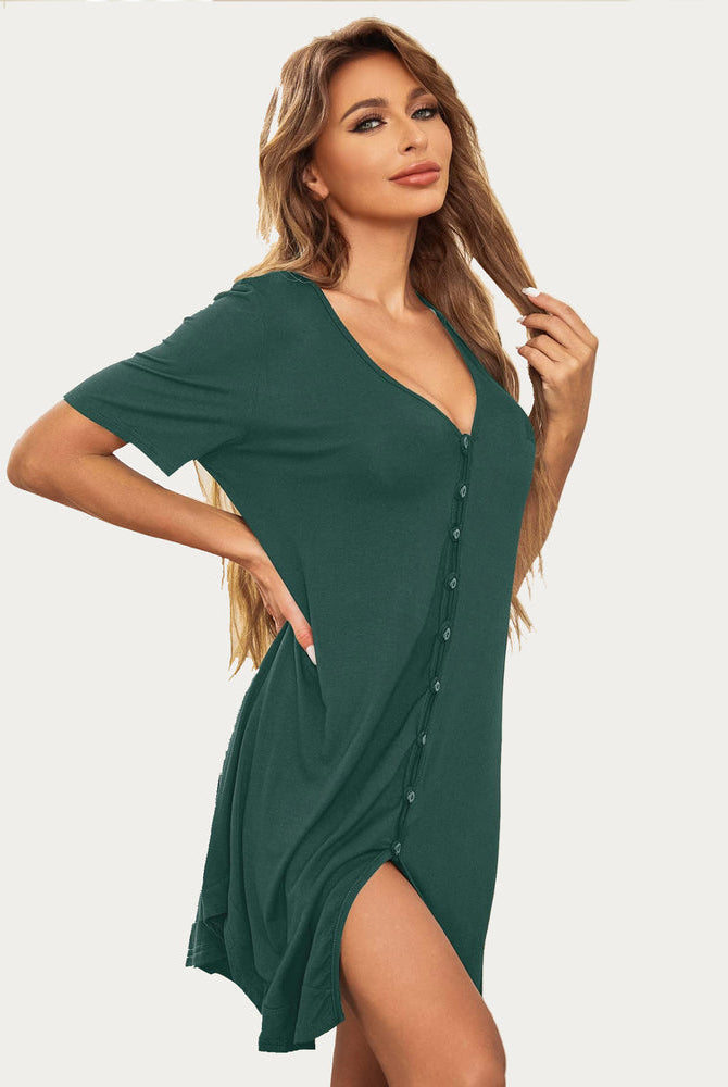 Green V-neck short sleeve nightshirt. Casual button-down pajama dress for women, comfy sleepwear.