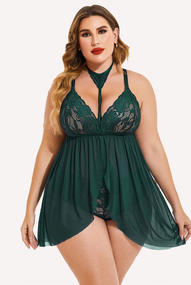 Plus Size Dark Green Lace Babydoll Lingerie with Mesh Overlay and Choker