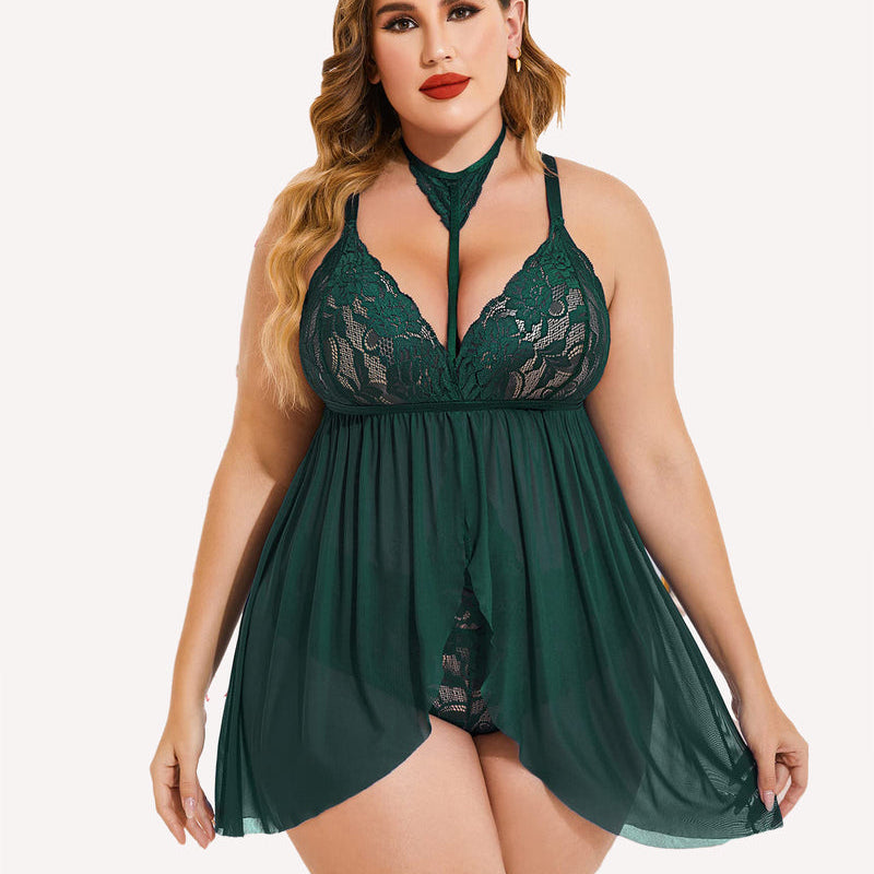 Plus Size Dark Green Lace Babydoll Lingerie with Mesh Overlay and Choker