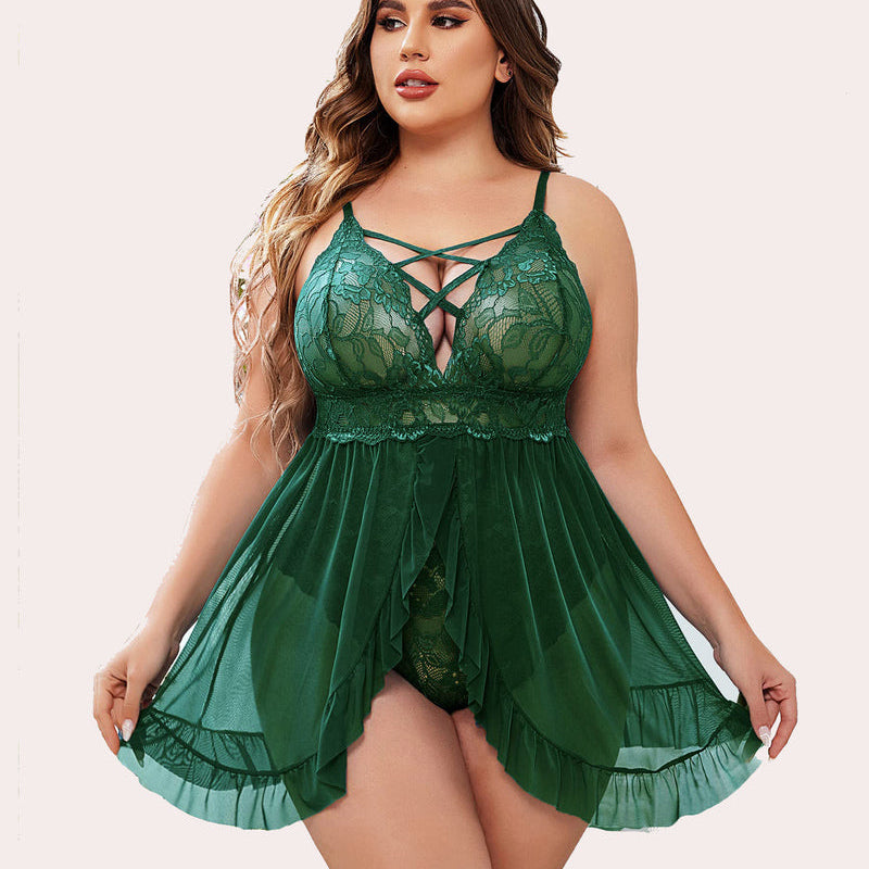 Plus Size Green Babydoll Lingerie Set with Lace, Criss-cross Straps, and Ruffle Hem