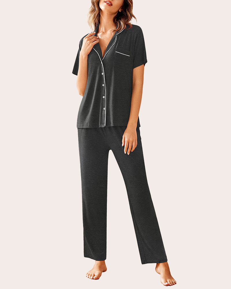 Charcoal notch collar pajamas set with white trim, soft and comfy sleepwear for women.