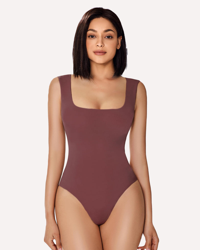 Avidlove dark brown square neck bodysuit shapewear, highlighting a smooth fit.