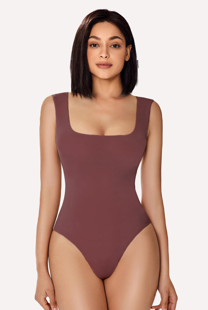 Reddish-brown square neck bodysuit, form-fitting shapewear, showing smooth bodyline and silhouette.