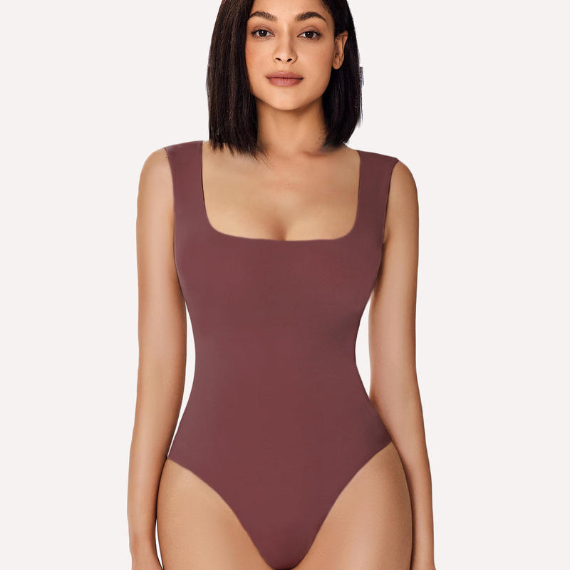 Reddish-brown square neck bodysuit, form-fitting shapewear, showing smooth bodyline and silhouette.