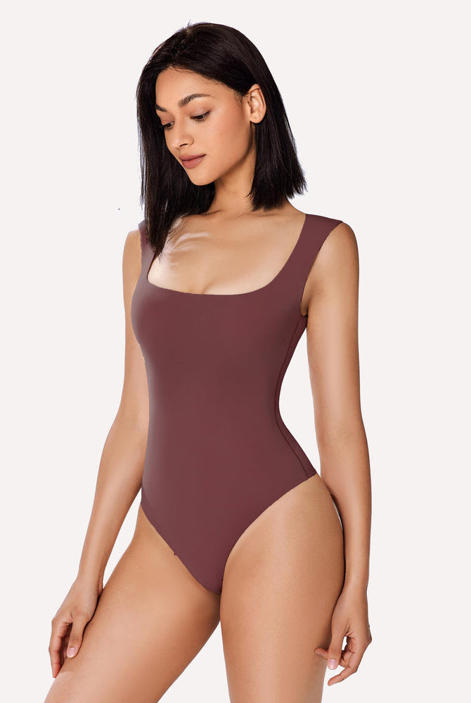 Avidlove square neck bodysuit in dark brown, highlighting smooth fabric and body curves