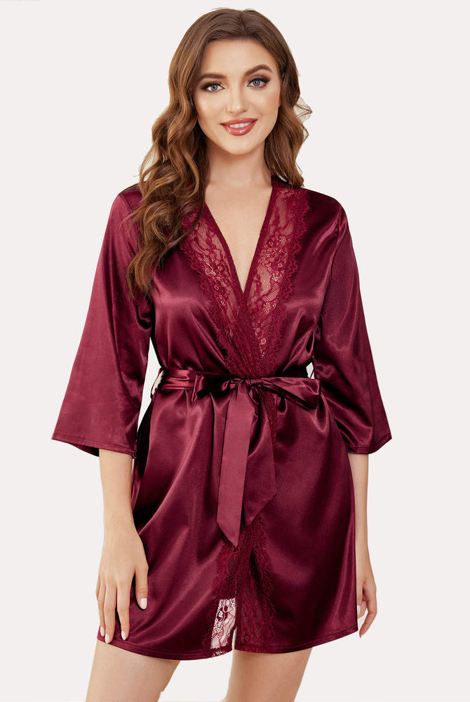 Burgundy satin kimono robe with lace detail, short silky robe with a sash tie from Avidlove