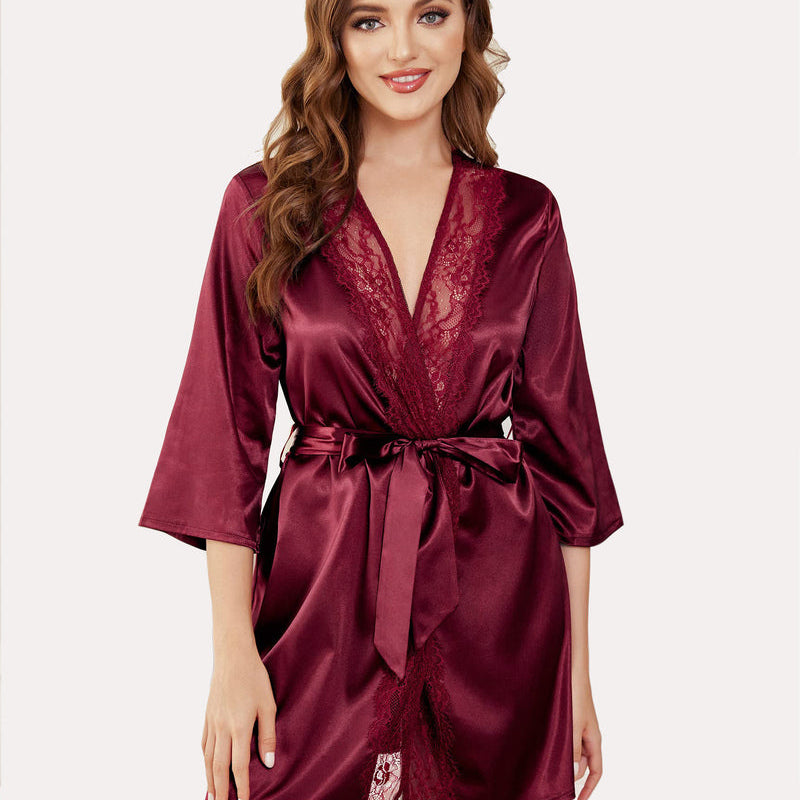Burgundy satin kimono robe with lace detail, short silky robe with a sash tie from Avidlove
