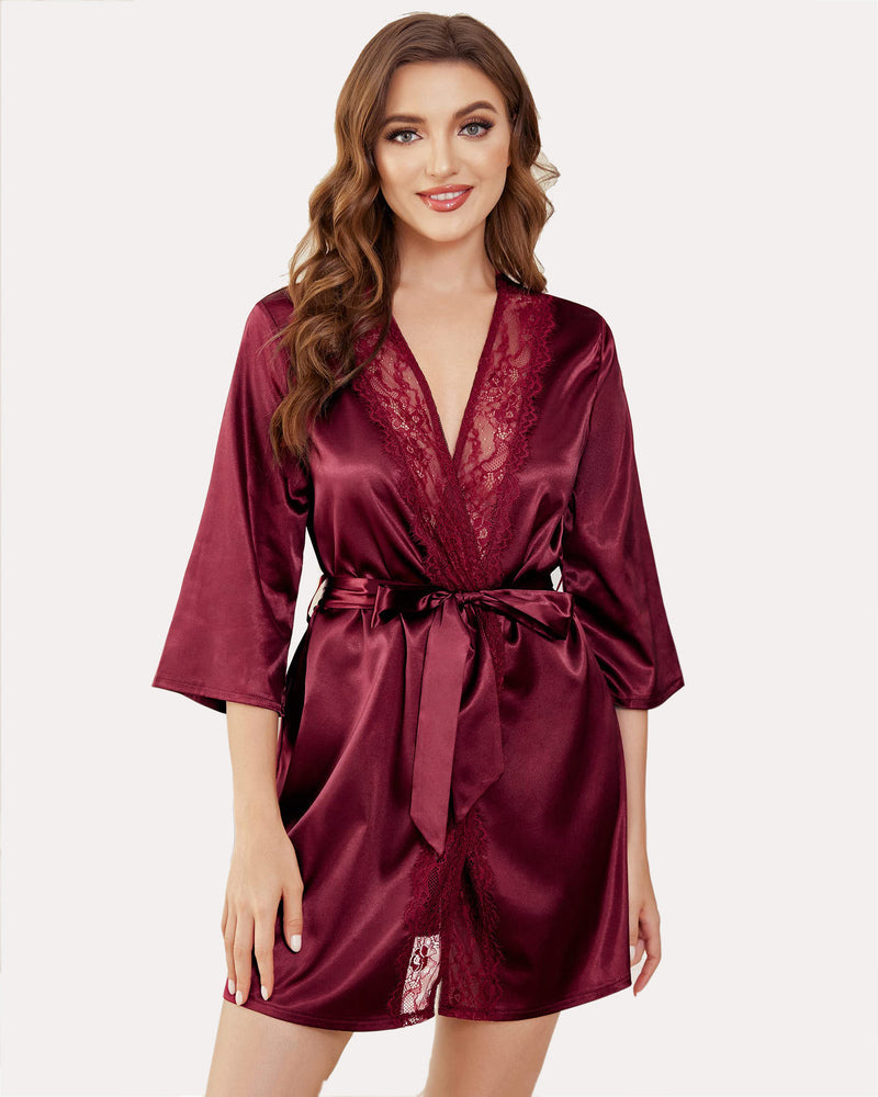 Burgundy satin kimono robe with lace detail, short silky robe with a sash tie from Avidlove