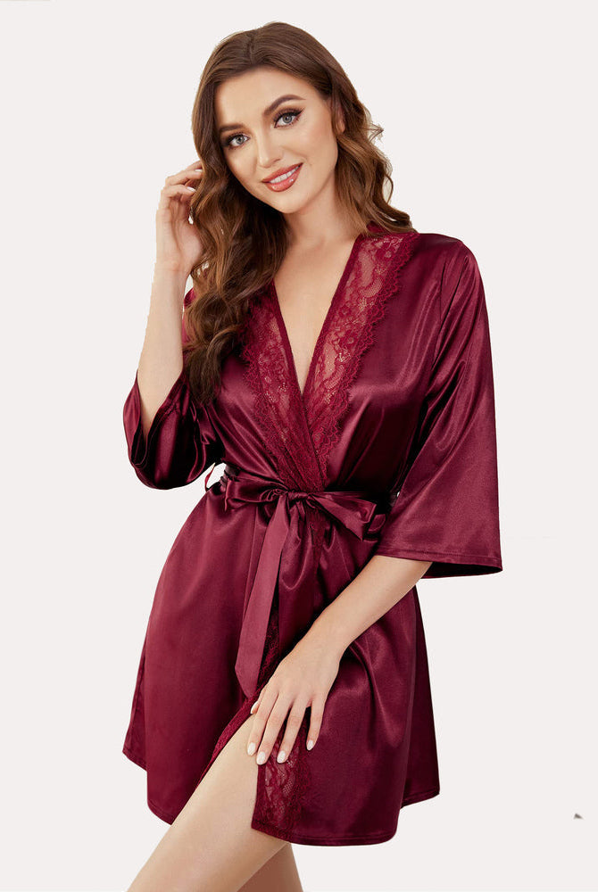 Burgundy satin short kimono robe with lace detail and sash tie, Avidlove elegant lingerie