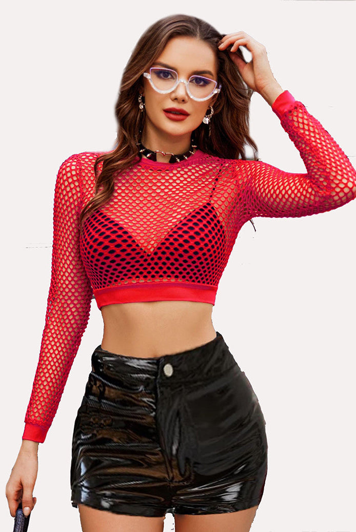 Red fishnet crop top, black leather shorts, and sexy lingerie for women, long sleeve fishnet shirt.