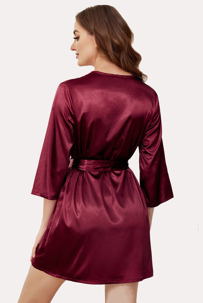 Burgundy satin short kimono robe with sash tie from Avidlove, soft and comfortable silky fabric