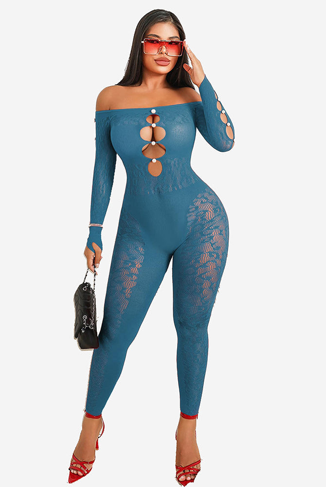 Teal fishnet bodysuit with off-shoulder design and cut-out details; sexy lingerie for women