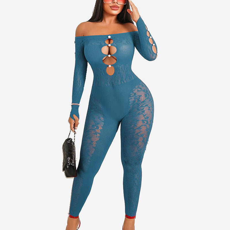 Teal fishnet bodysuit with off-shoulder design and cut-out details; sexy lingerie for women