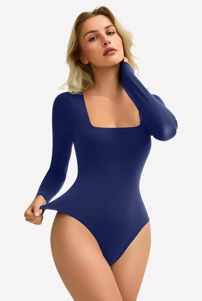 Navy blue square neck long sleeve bodysuit, ultra-stretchy design, shows bodyline, from Avidlove