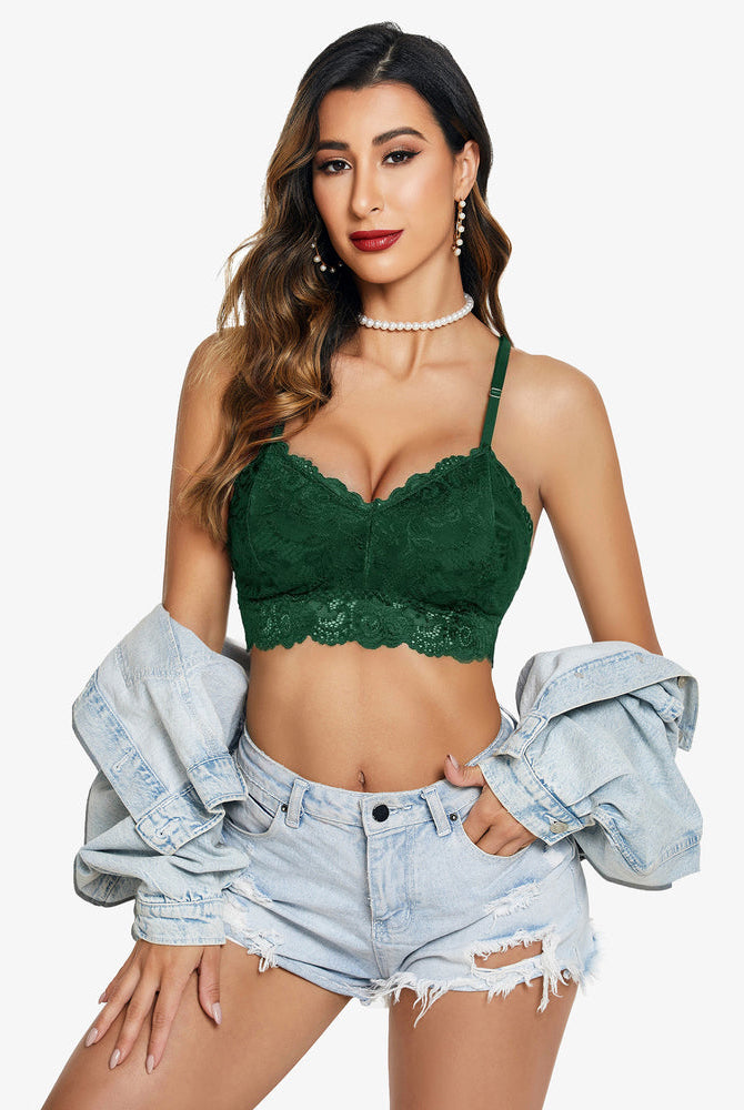 Green floral lace bralette crop top with denim shorts. Sexy V-neck lingerie by Avidlove.