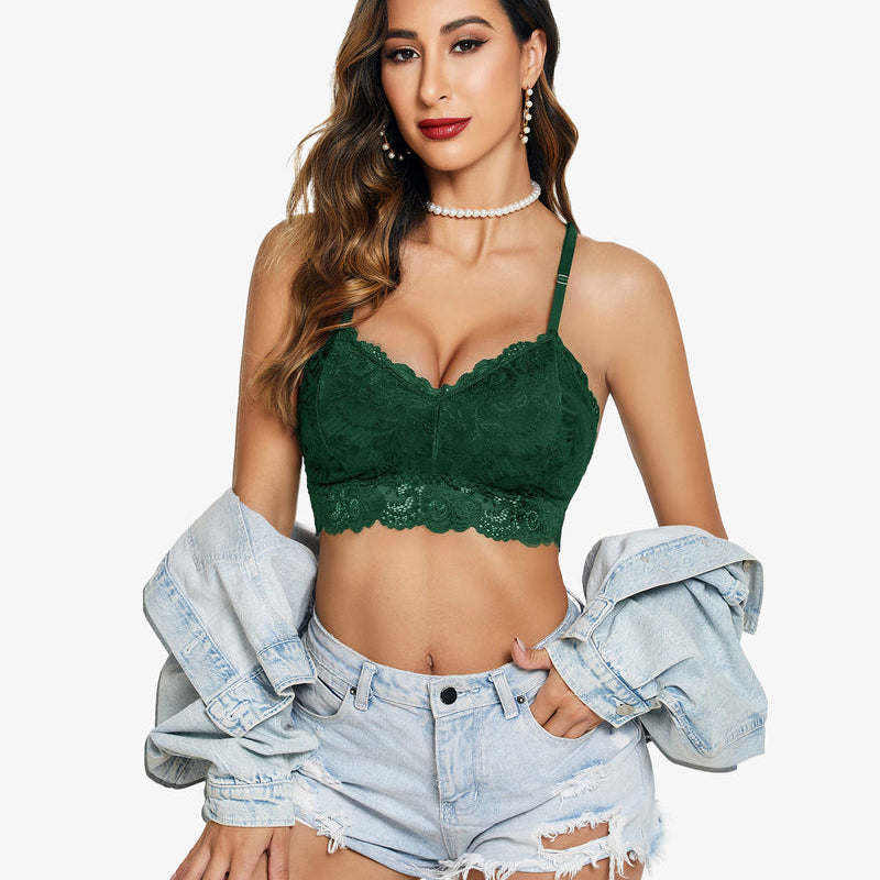 Green floral lace bralette crop top with denim shorts. Sexy V-neck lingerie by Avidlove.