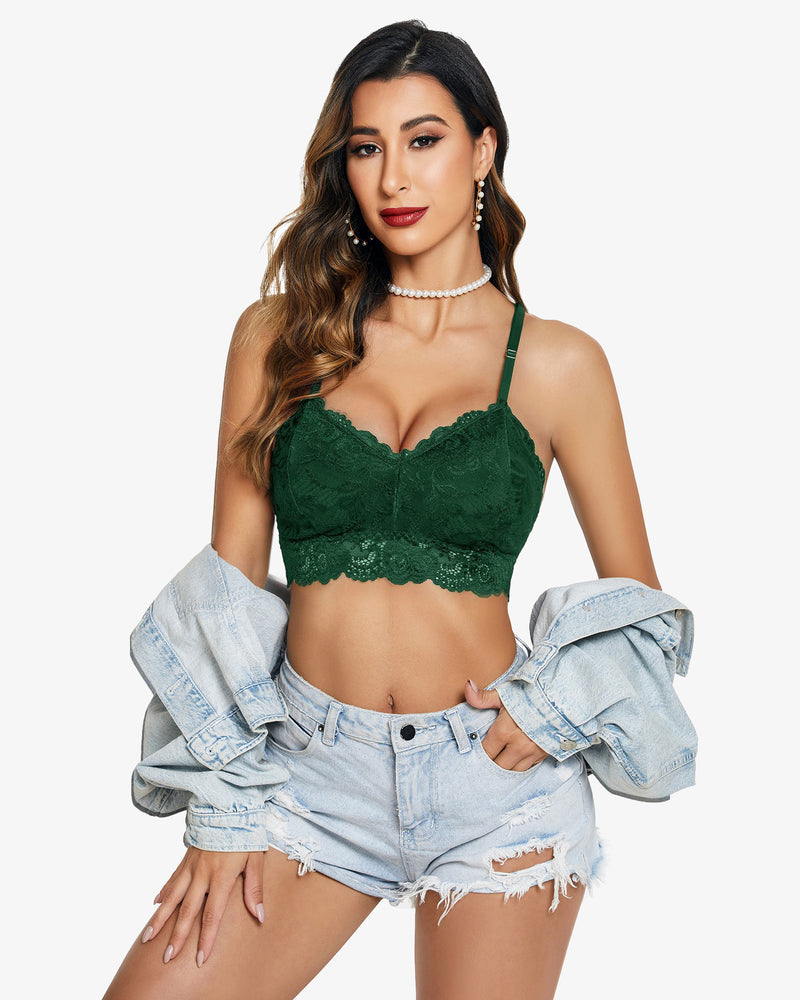 Green floral lace bralette crop top with denim shorts. Sexy V-neck lingerie by Avidlove.