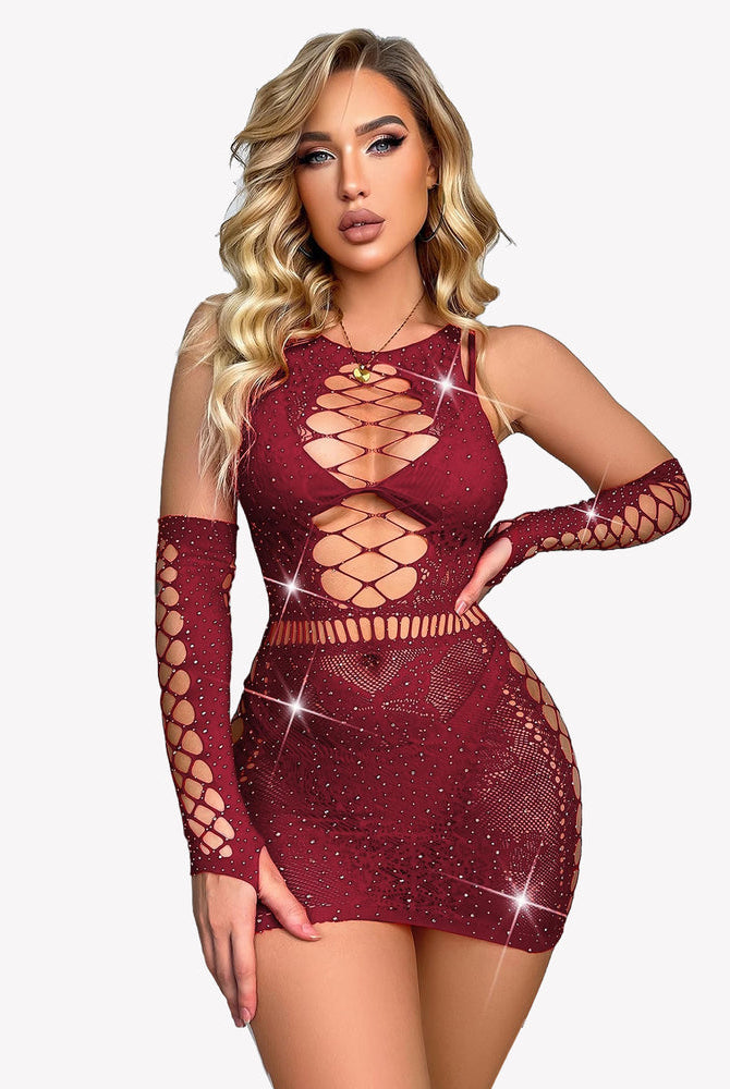 Burgundy rhinestone fishnet chemise and gloves set for confident women