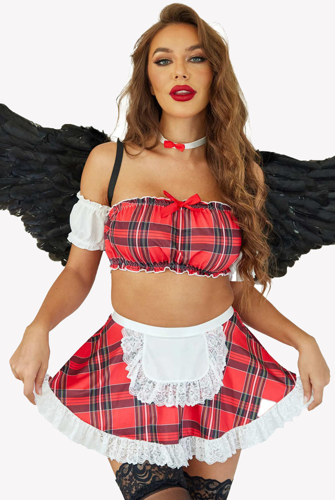 Red plaid maid lingerie with black feather wings; crop top, mini skirt with white lace; sexy outfit