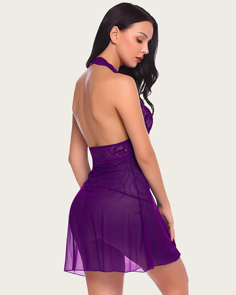 Purple halter lace babydoll mesh nightwear with mesh skirt, Avidlove lingerie. Sexy design.