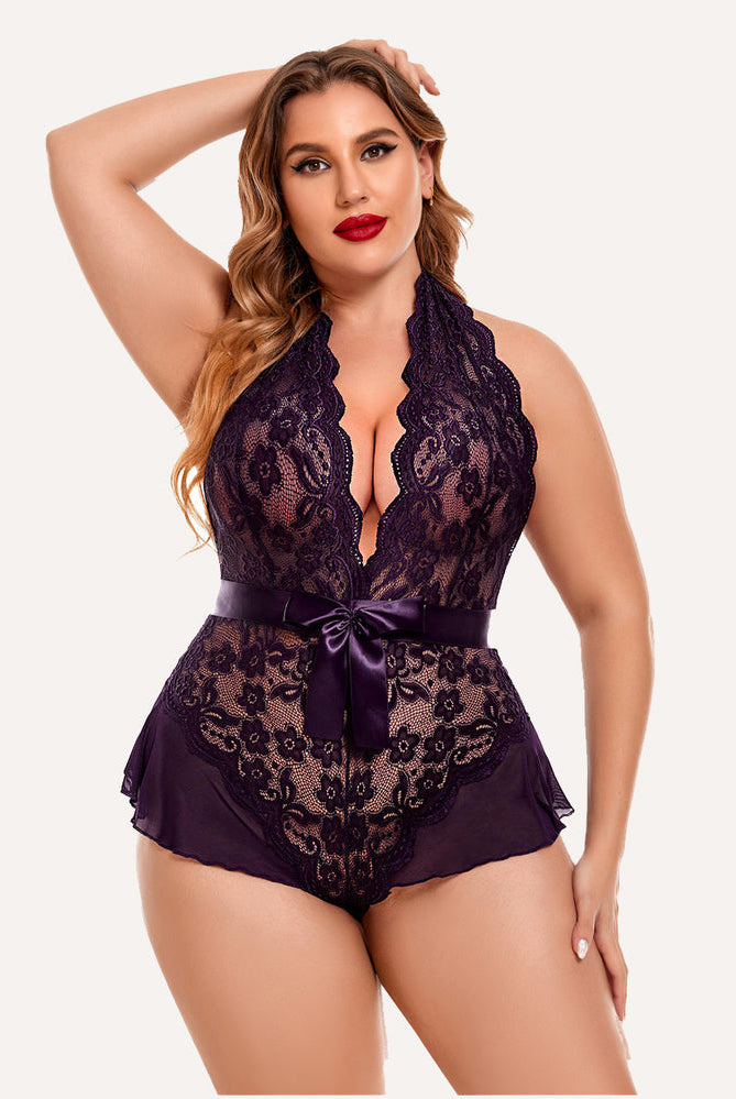 Plus Size Purple Halter Lace Bodysuit with Satin Bow and Floral Detailing, Sexy Lingerie