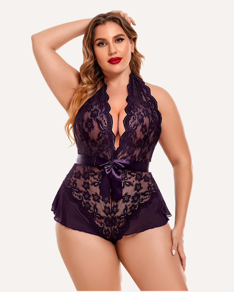 Plus Size Purple Halter Lace Bodysuit with Satin Bow and Floral Detailing, Sexy Lingerie