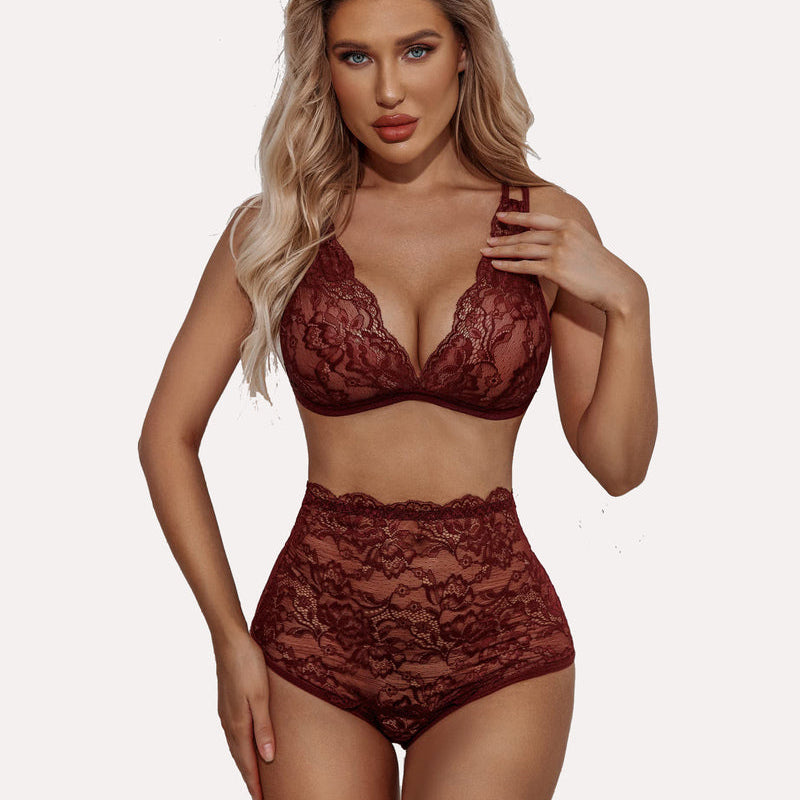 Burgundy lace high waist bra and panty set with adjustable straps, floral design by Avidlove