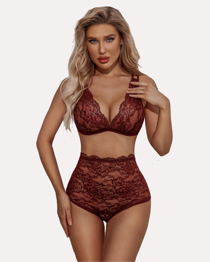 Burgundy lace high waist bra and panty set with adjustable straps, floral design by Avidlove