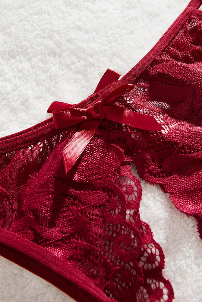 Red lace panty with bow detail. Part of Avidlove halter bra and panty set, playful design.