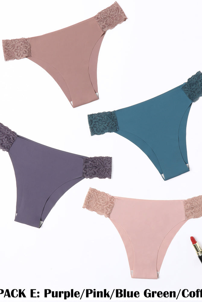 Avidlove 4-Pack Low Cut Panties with Lace Waistband in Purple, Pink, Blue Green, Coffee Colors