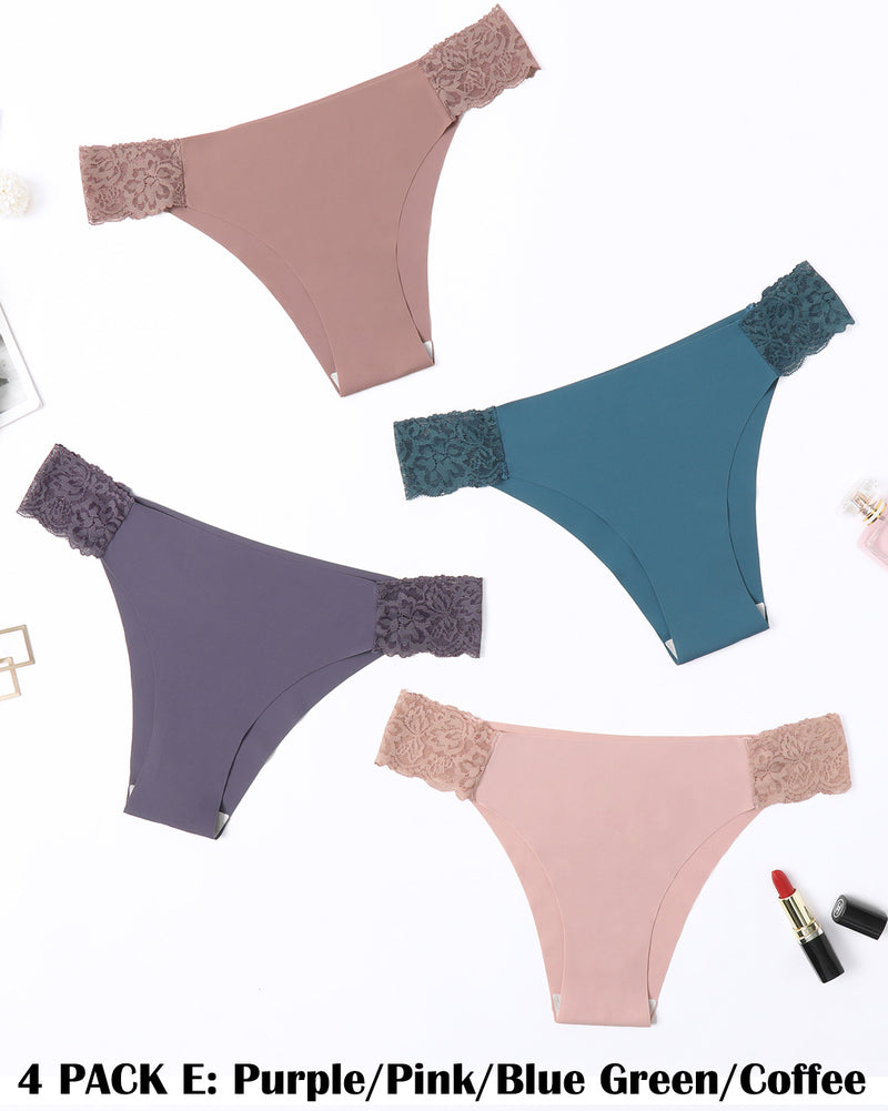 Avidlove 4-Pack Low Cut Panties with Lace Waistband in Purple, Pink, Blue Green, Coffee Colors