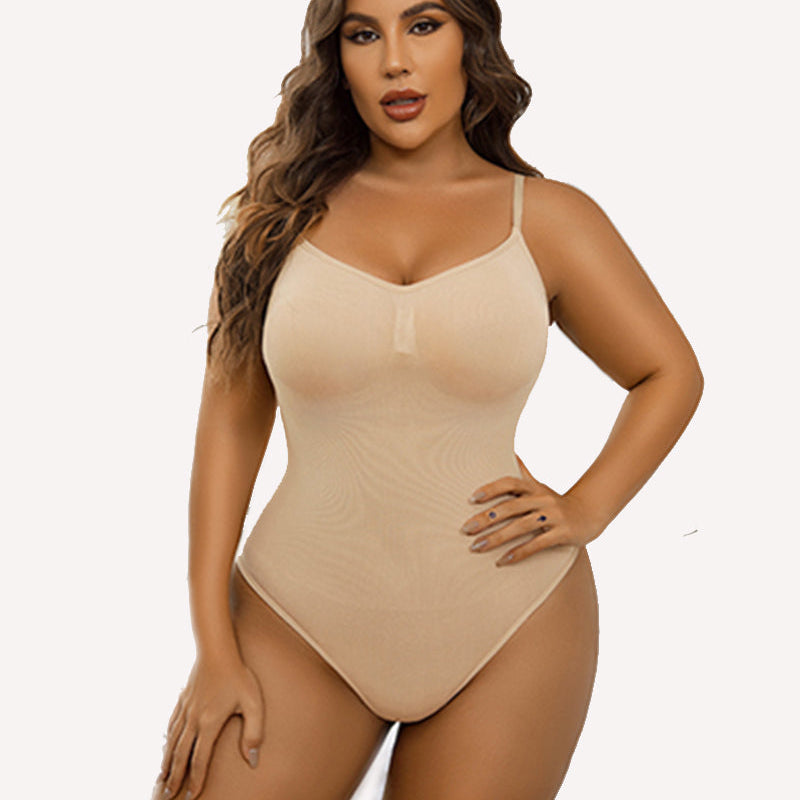 Skin-tone V-neck bodysuit shapewear, adjustable straps and smooth finish.