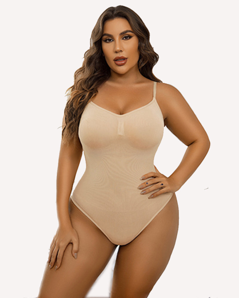 Skin-tone V-neck bodysuit shapewear, adjustable straps and smooth finish.