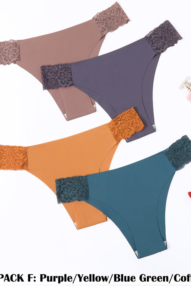 4-Pack Low Cut Seamless Panties with Lace Waistband in Various Colors