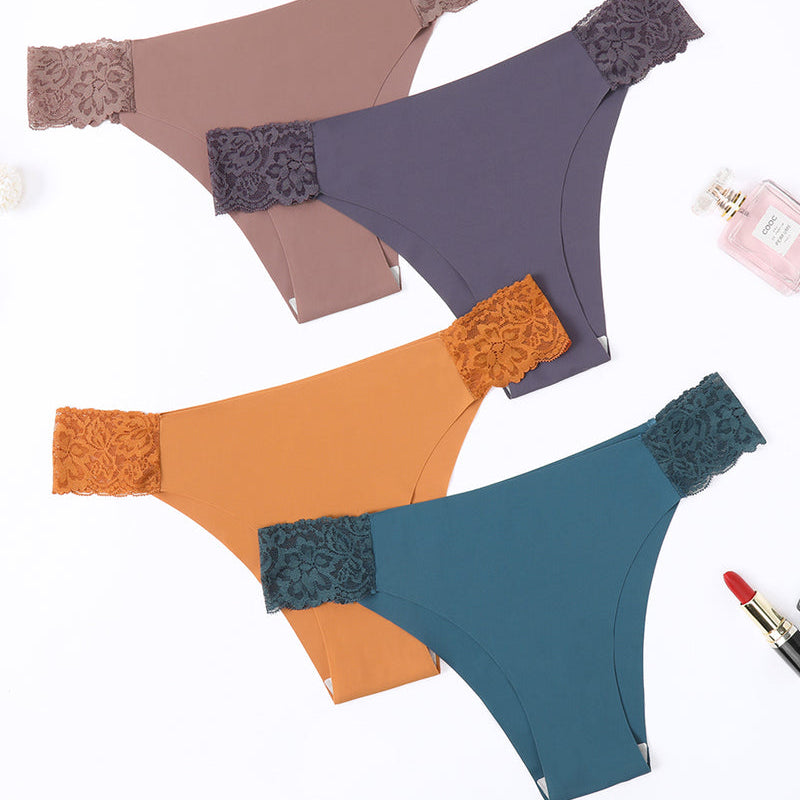 4-Pack Low Cut Seamless Panties with Lace Waistband in Various Colors