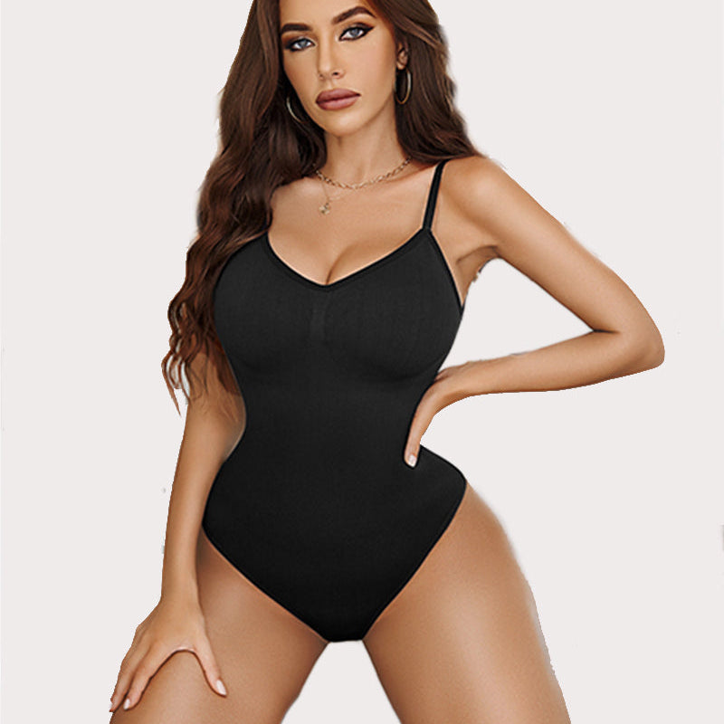 Black V-neck shapewear bodysuit, adjustable straps. Smooth fit, boosts confidence, sleek look.