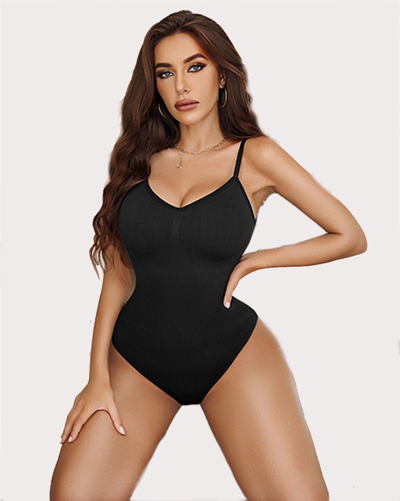 Black V-neck shapewear bodysuit, adjustable straps. Smooth fit, boosts confidence, sleek look.