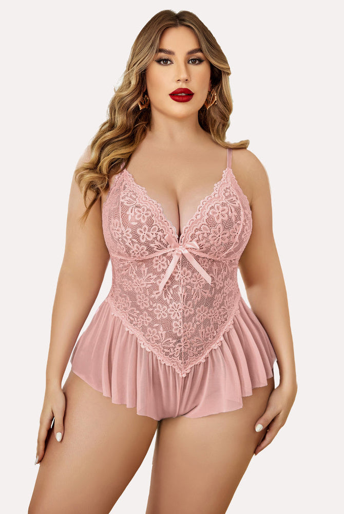 Plus size pink lace teddy, adjustable straps, ruffle trim. Sexy, flattering lingerie for women.
